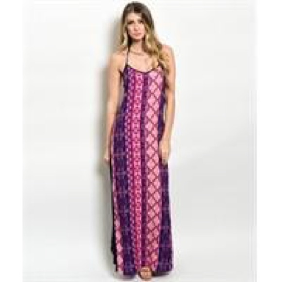 Pink and Navy Blue Printed Maxi Dress w/ Open Bac - Picture 2 of 5